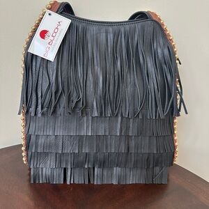 Big Buddha Black Fringe Shoulder Bag with Gold Accents